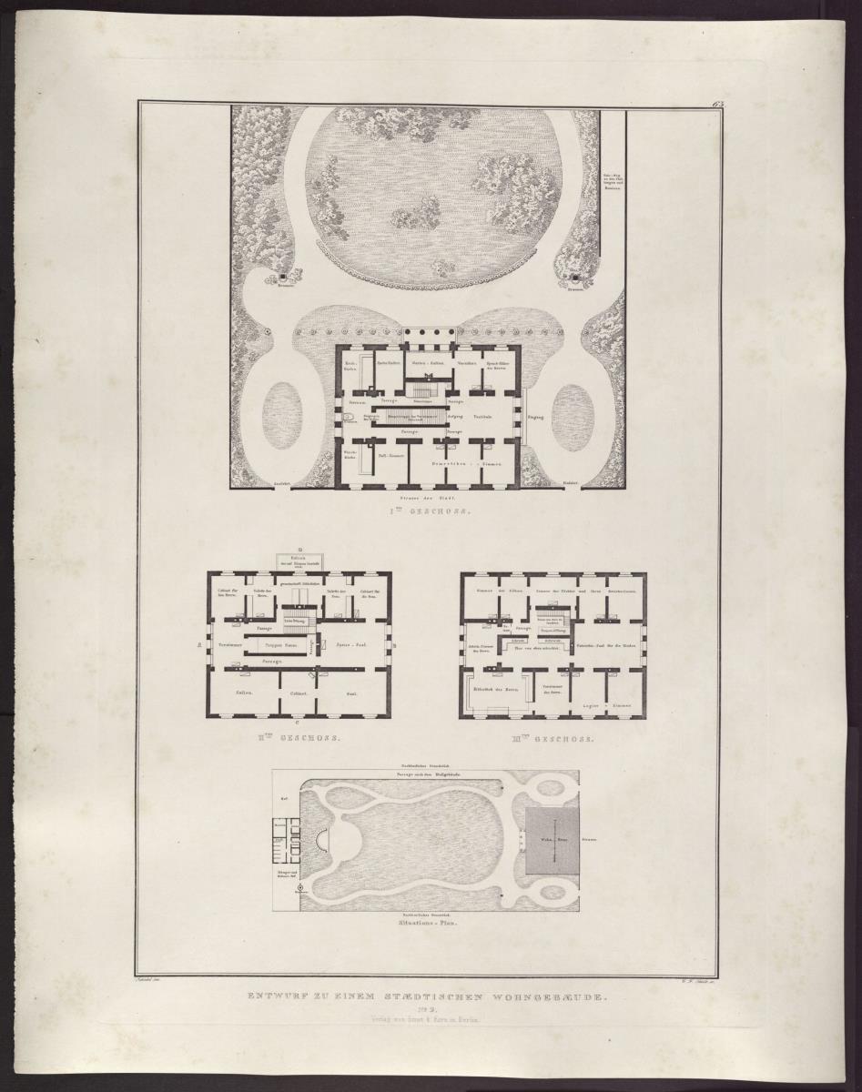 Sammlung architektonischer Entwürfe. Tafel 63 ( = Heft 9, Tafel 57, 1826): Wohnhausentwurf Nr. 2. Drei Grundrisse und Situationsplan