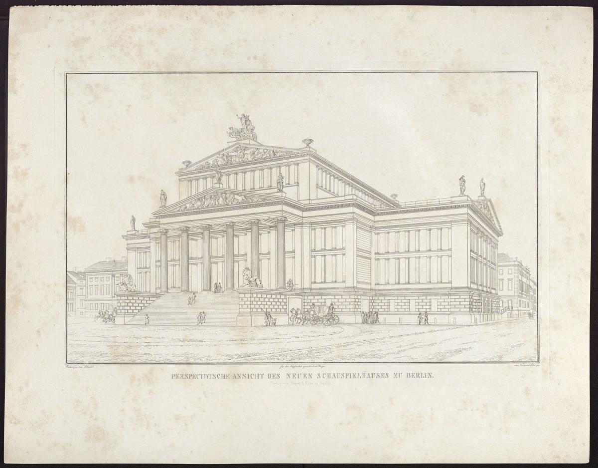 Sammlung architektonischer Entwürfe. Tafel 7 ( = Heft 2 erste Folge, Tafel 7, 1821): Berlin. Schauspielhaus auf dem Gendarmenmarkt. Perspektivische Ansicht der Vorderseite