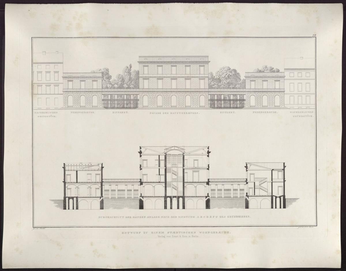 Sammlung architektonischer Entwürfe. Tafel 72 ( = Heft 10, Tafel 66, 1826): Wohnhausentwurf. Fassade und Querschnitt