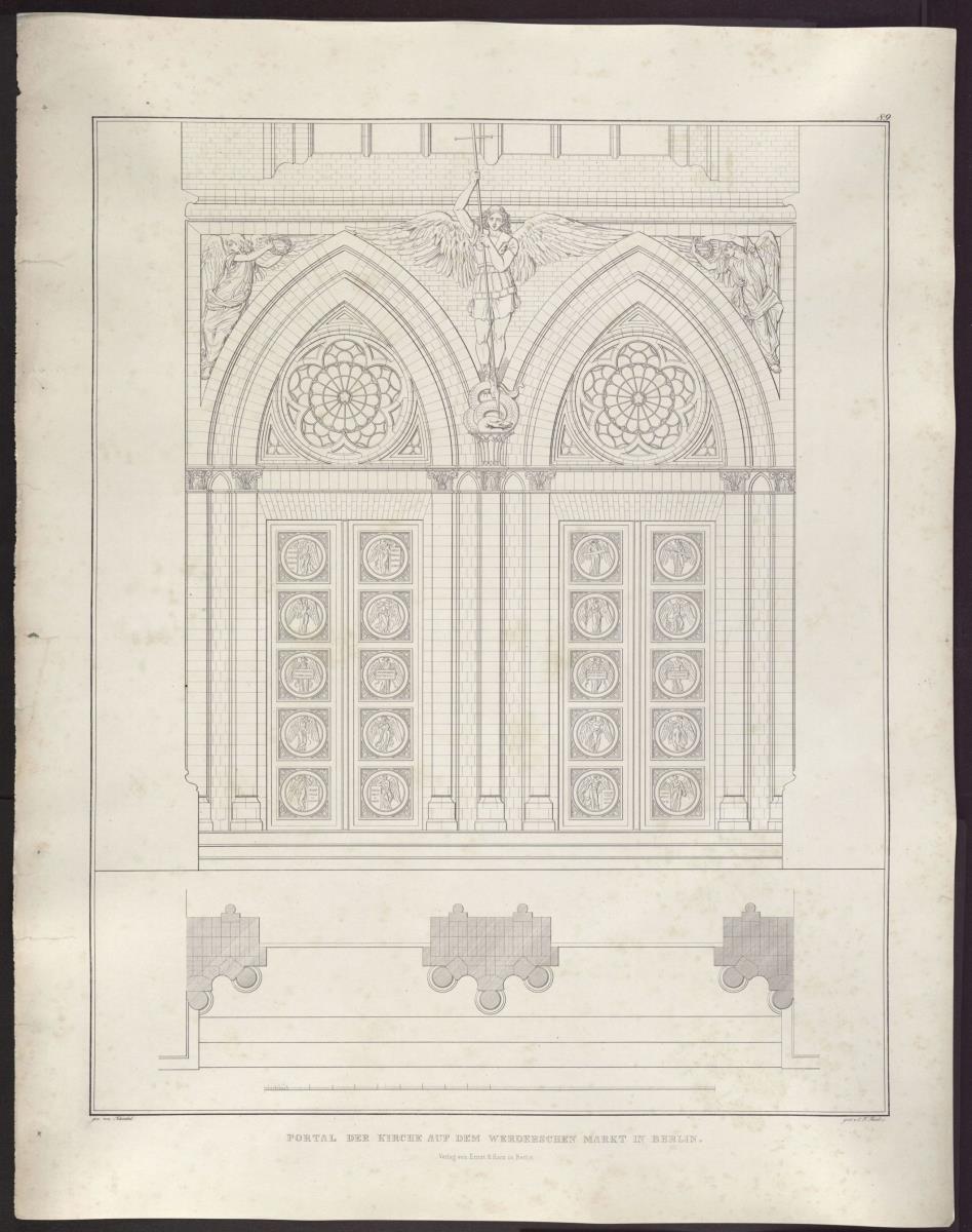 Sammlung architektonischer Entwürfe. Tafel 89 ( = Heft 13, Tafel 83, 1829): Berlin. Friedrichswerdersche Kirche. Aufriss und Grundriss des Hauptportals