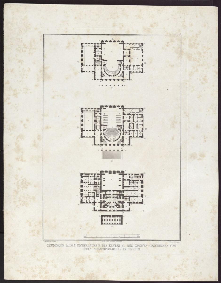 Sammlung architektonischer Entwürfe. Tafel 9 ( = Heft 2 erste Folge, Tafel 9, 1821): Berlin. Schauspielhaus auf dem Gendarmenmarkt. Grundrisse