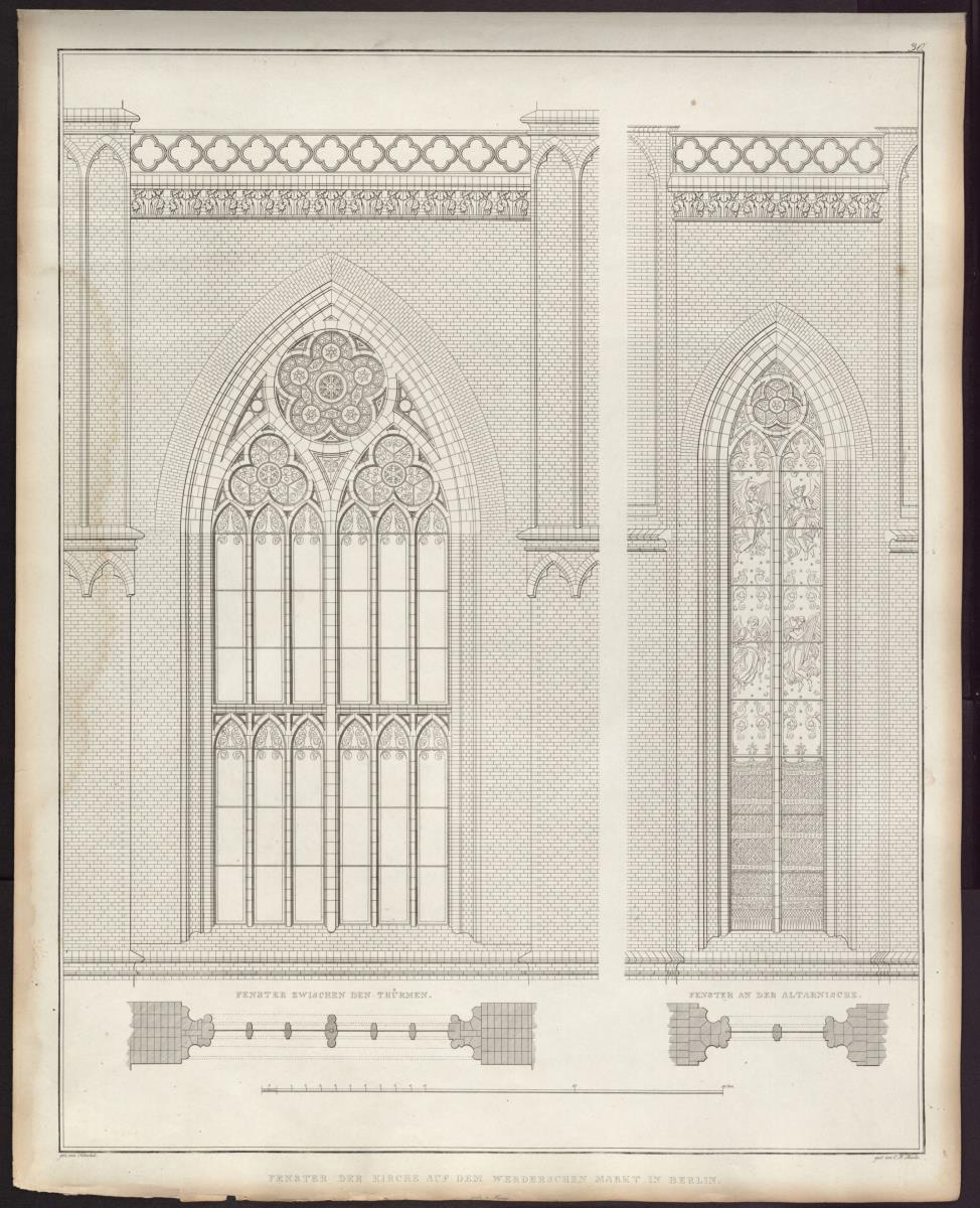 Sammlung architektonischer Entwürfe. Tafel 90 ( = Heft 13, Tafel 84, 1829): Berlin. Friedrichswerdersche Kirche. Aufriss und Grundriss des Portalfensters und eines Chorfensters