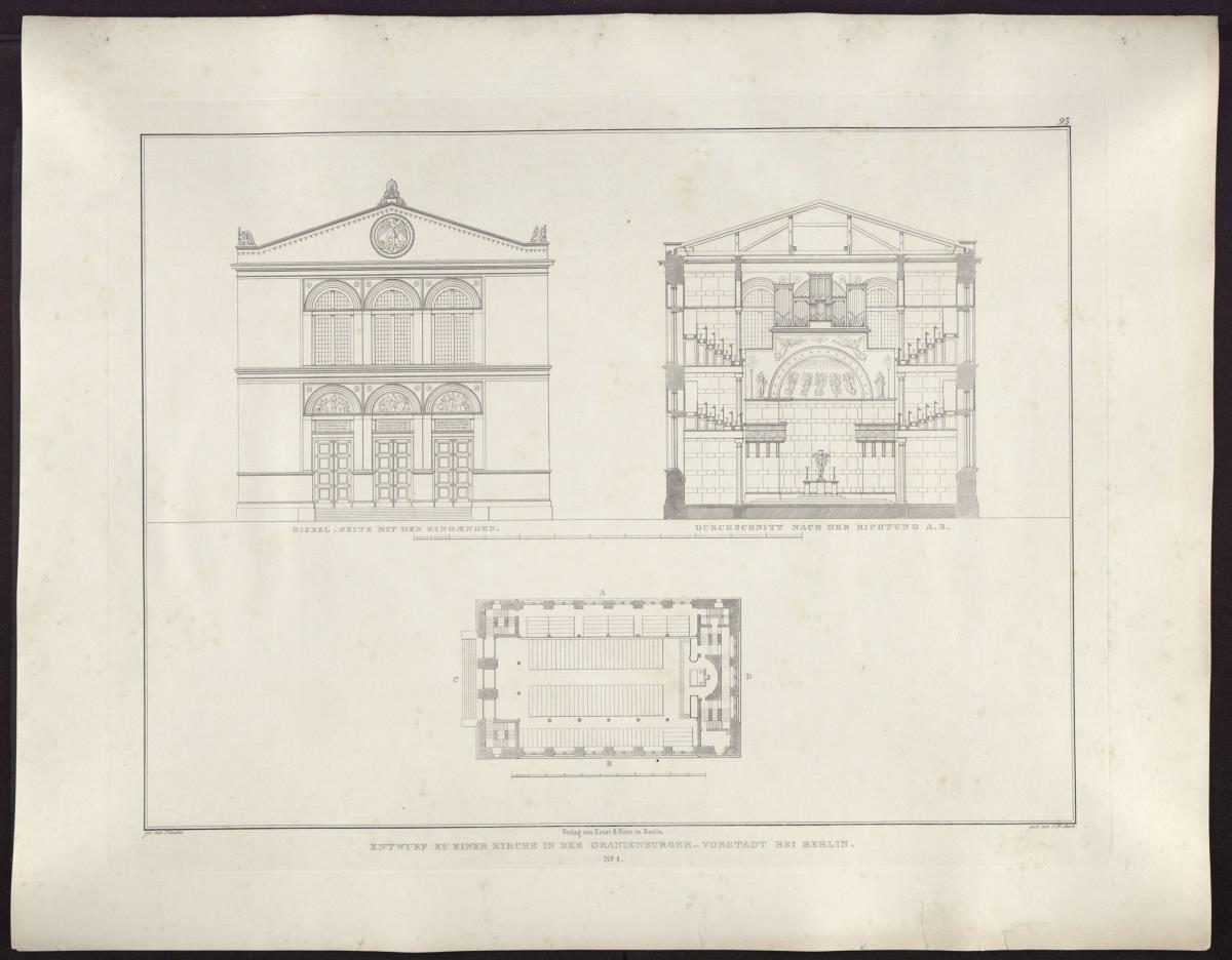 Sammlung architektonischer Entwürfe. Tafel 93 ( = Heft 14, Tafel 87, 1829): Berlin, Oranienburger Vorstadt. Entwurf zu einer Kirche (Vorstadtkirche Typ 1, "Kirche im Rechteck"). Risse und Schnitt
