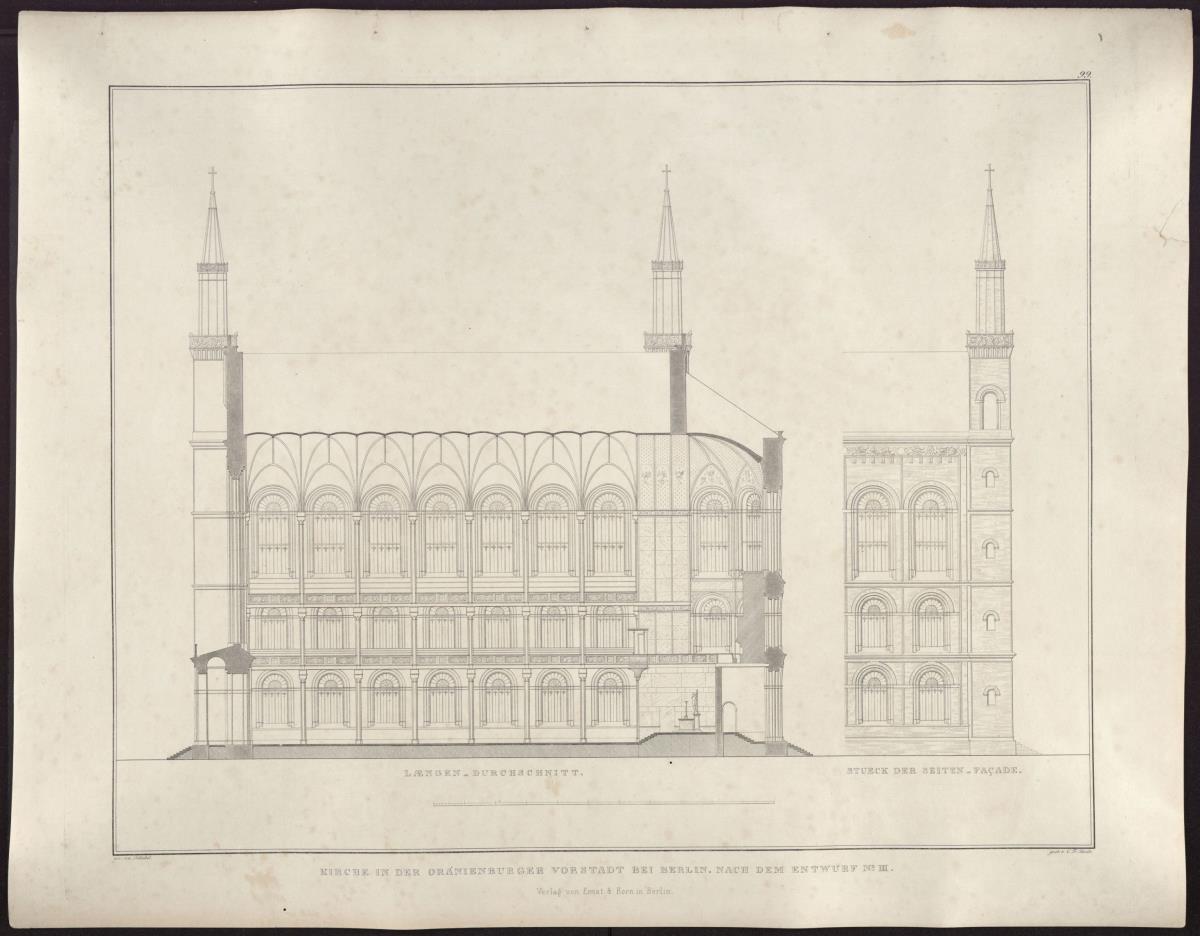 Sammlung architektonischer Entwürfe. Tafel 99 ( = Heft 15, Tafel 93, 1829): Berlin, Oranienburger Vorstadt. Entwurf zu einer Kirche (Vorstadtkirche Typ 3, "Kirche mit vier Türmen"). Längsschnitt und Risse