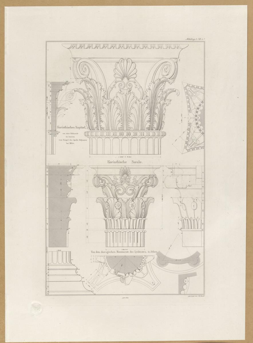 Vorbilder für Fabrikanten und Handwerker. Teil 1, Abteilung 1, Blatt 5a: Korinthische Ordnung des Kapitells des Apollo-Tempels mit Konstruktionsdetails