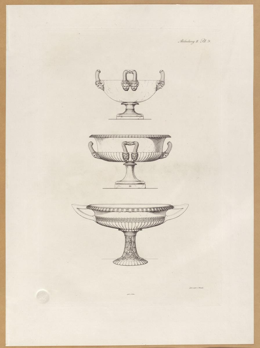 Vorbilder für Fabrikanten und Handwerker. Teil 1, Abteilung 2, Blatt 9: Drei antike Schalen aus der Villa Adriana (auch Hadriansvilla) in Rom und aus der Sammlung Hamilton