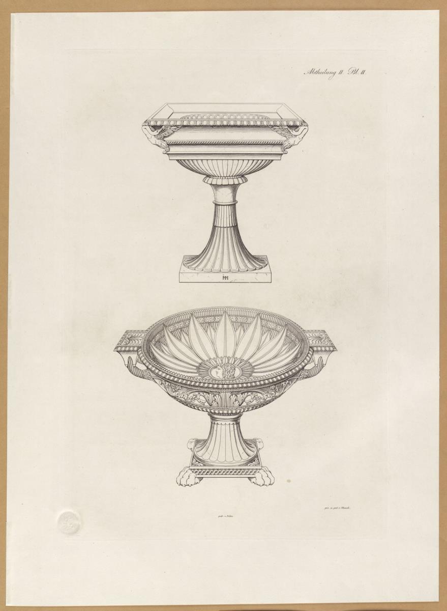 Vorbilder für Fabrikanten und Handwerker. Teil 1, Abteilung 2, Blatt 11: Labrum aus rotem Marmor aus der Villa Gaius Maecenas und Gefäß aus der Sammlung Piranesi