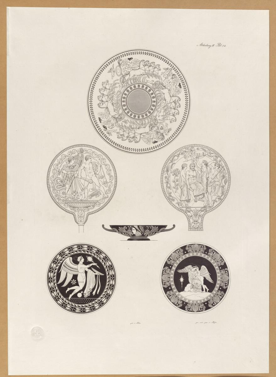 Vorbilder für Fabrikanten und Handwerker. Teil 1, Abteilung 2, Blatt 14: Sechs flache Schalen (Pateren) aus Keramik und Bronze aus den Sammlungen de Witte und Townley und dem British Museum