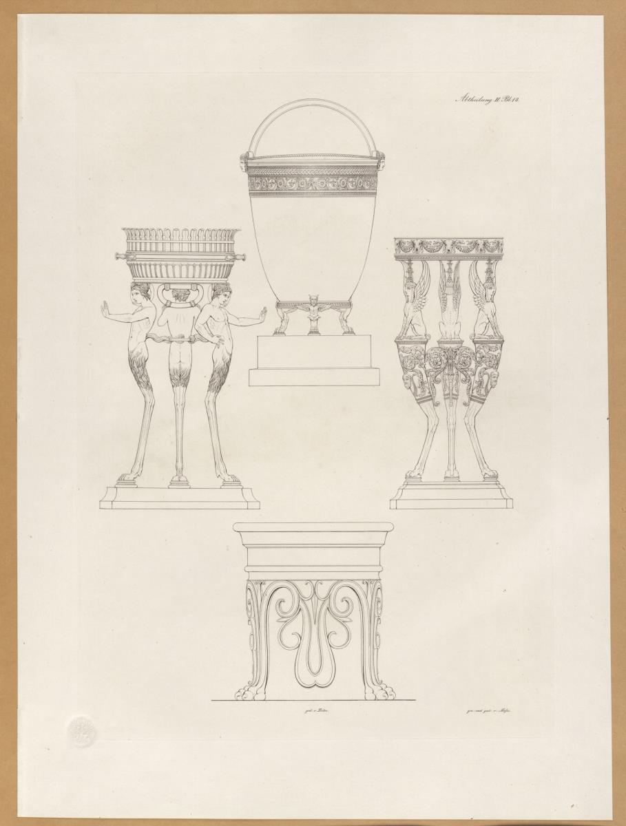 Vorbilder für Fabrikanten und Handwerker. Teil 1, Abteilung 2, Blatt 18: Vier Dreifüße aus Bronze aus Pompeji und Herculaneum