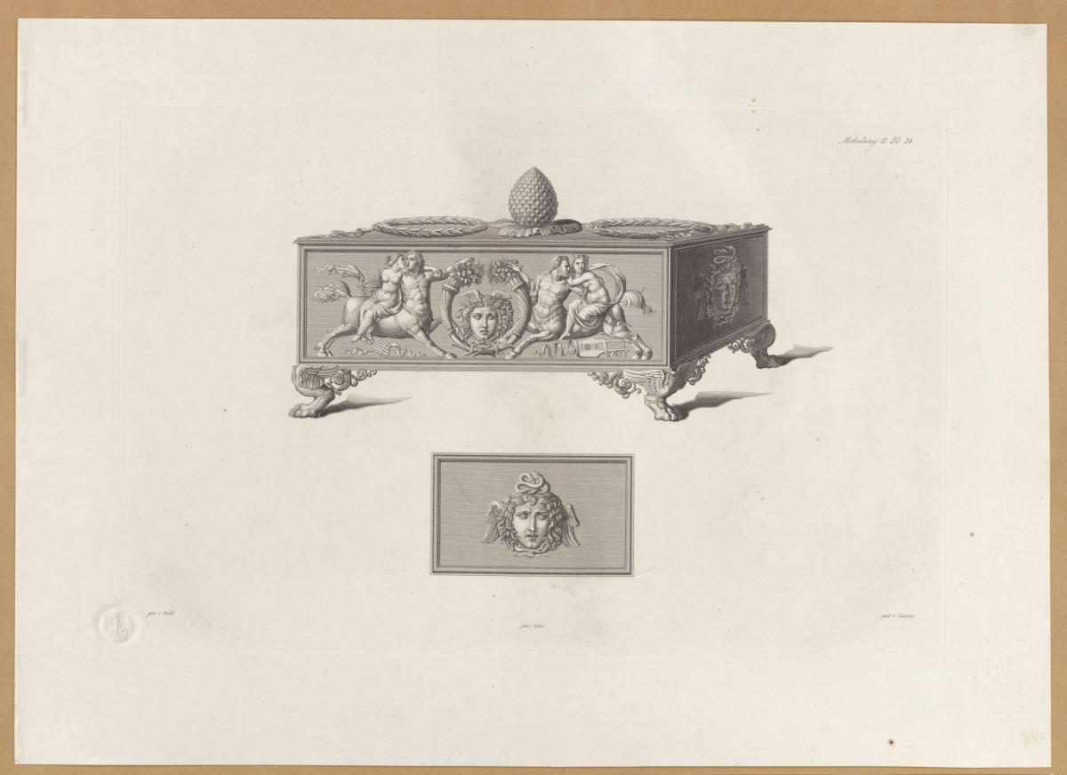 Vorbilder für Fabrikanten und Handwerker. Teil 1, Abteilung 2, Blatt 24: Italienische Kassette des 16. Jahrhunderts aus Bronze aus dem Museum in Kassel mit Detail der Schmalseite