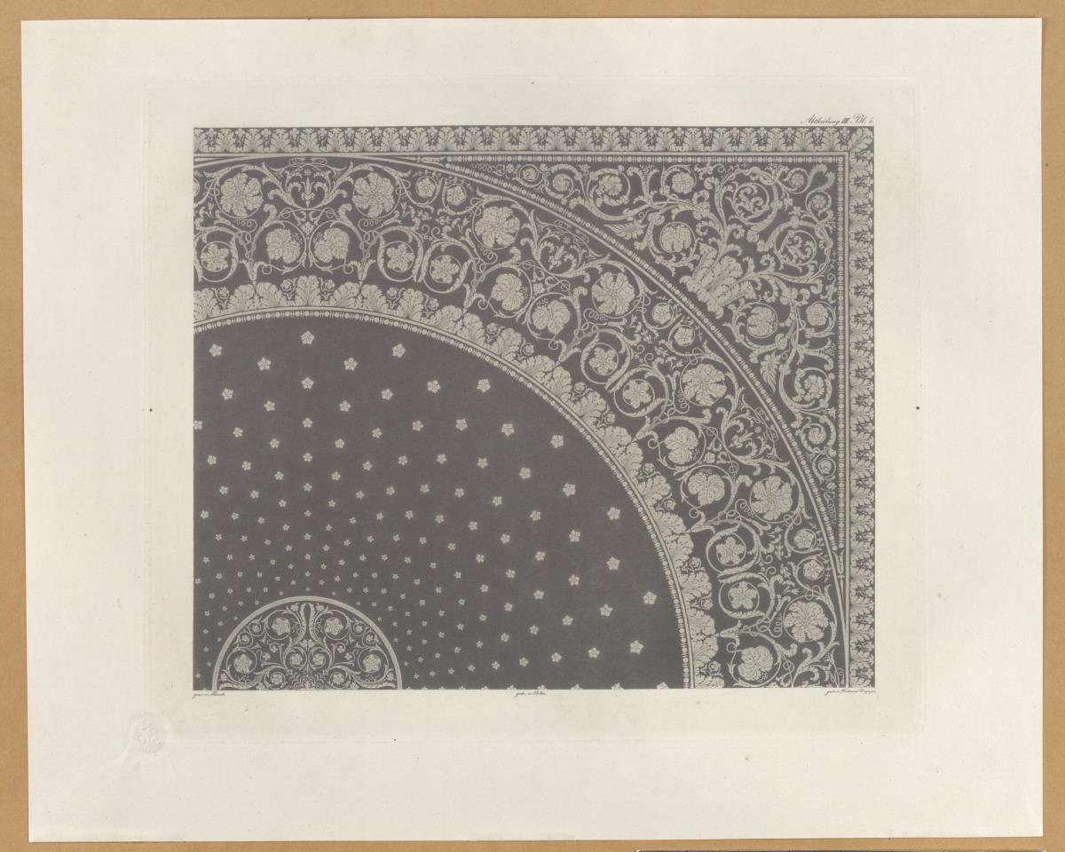 Vorbilder für Fabrikanten und Handwerker. Teil 1, Abteilung 3, Blatt 4: Entwurf für (?) einen Teppich oder ein Tafeltuch, der die Verzierung eines antiken Gefäßes im Museo Pio-Clementino (Vatikanische Museen) zugrunde liegt