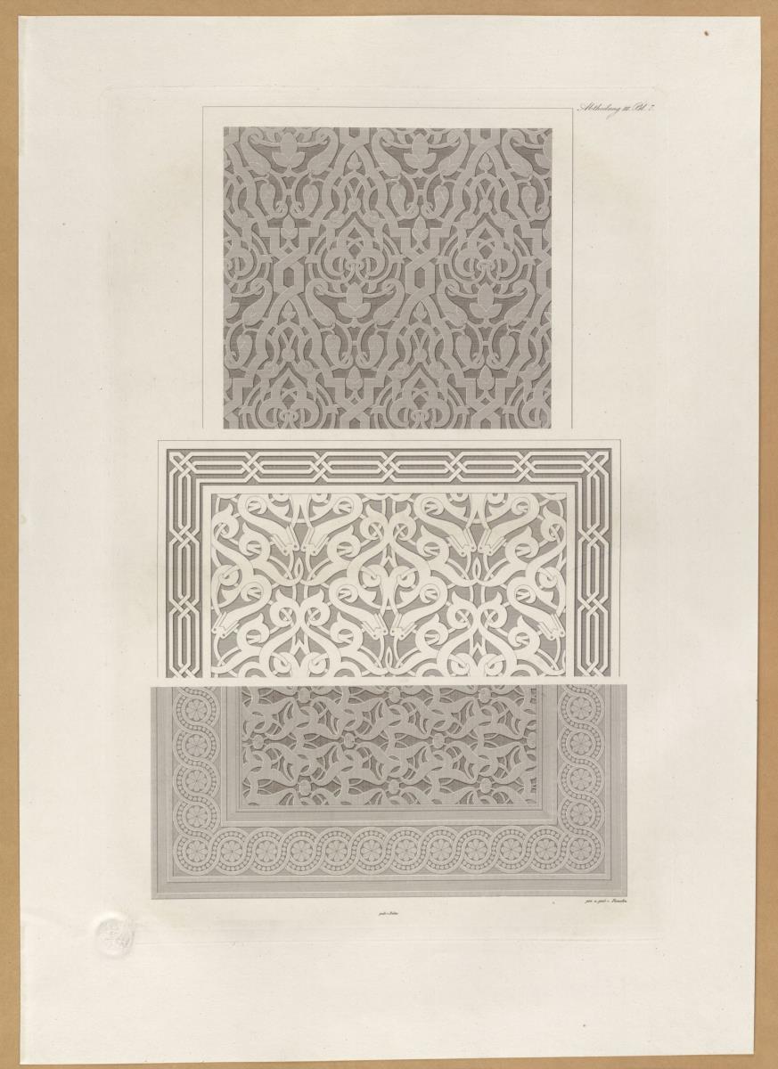 Vorbilder für Fabrikanten und Handwerker. Teil 1, Abteilung 3, Blatt 7: Drei ornamentale Verzierungen aus der Alhambra bei Granada