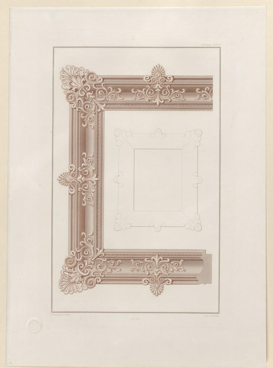 Vorbilder für Fabrikanten und Handwerker. Teil 2, Abteilung 2, Blatt 10: Entwurf für Rahmen für die Königliche Gemäldesammlung (Gemäldegalerie) im Königlichen Museum (Altes Museum) in Berlin