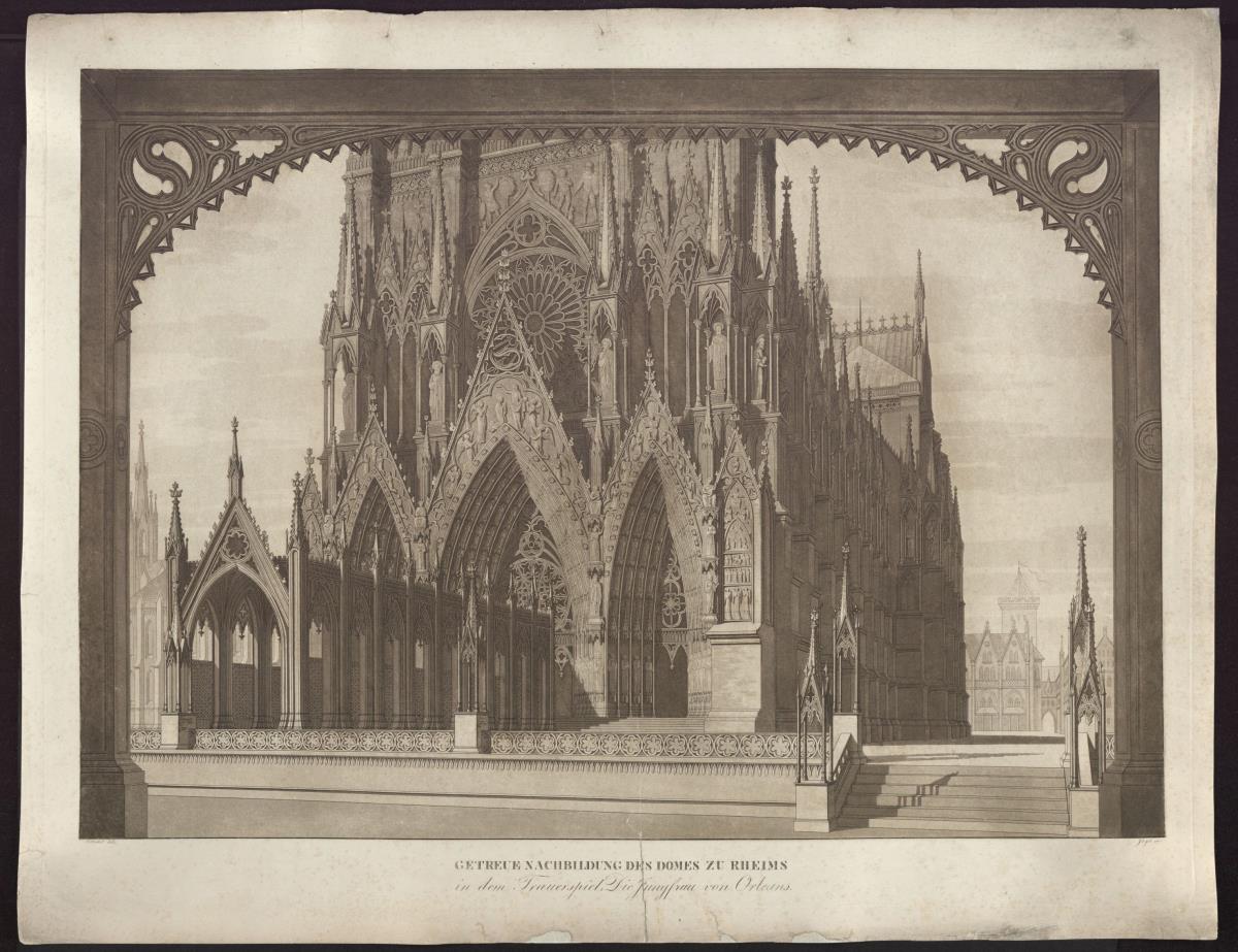 Die Jungfrau von Orleans. Trauerspiel von Friedrich Schiller. Entwurf zur 9. Dekoration. Fassade der Kathedrale von Reims