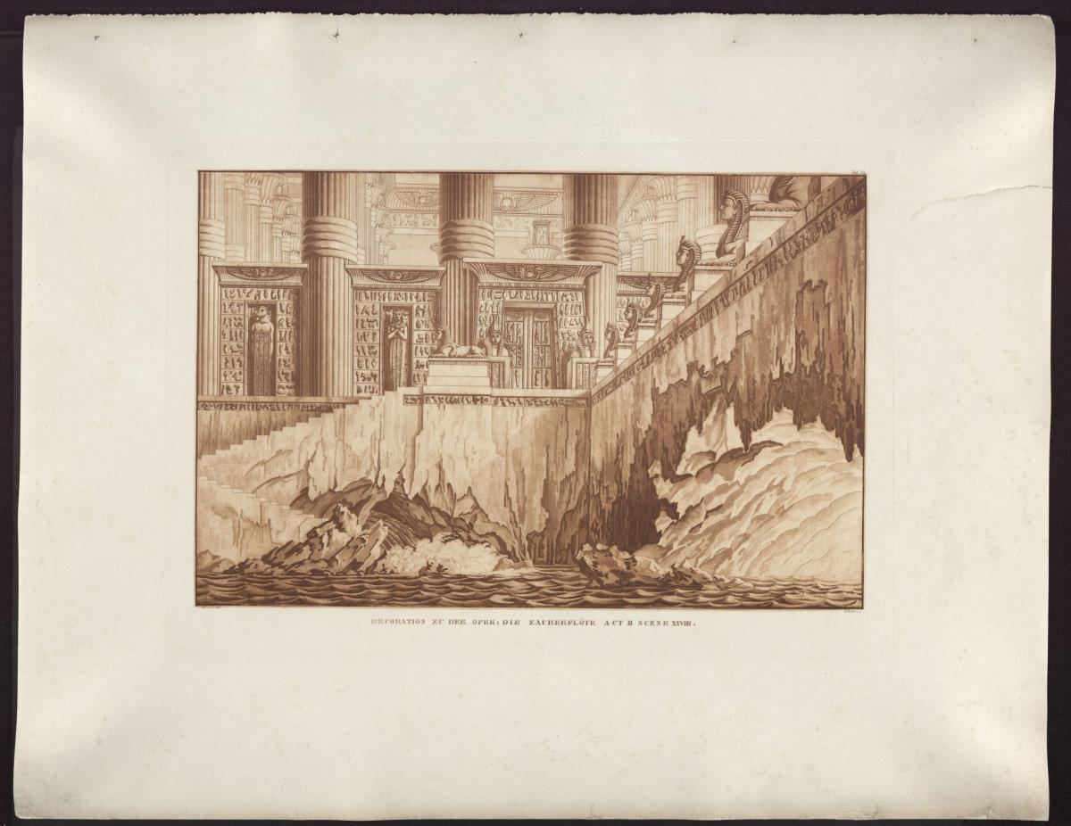 Die Zauberflöte. Oper von Wolfgang Amadeus Mozart. Entwurf zur 11. Dekoration. Feuer- und Wassertempel