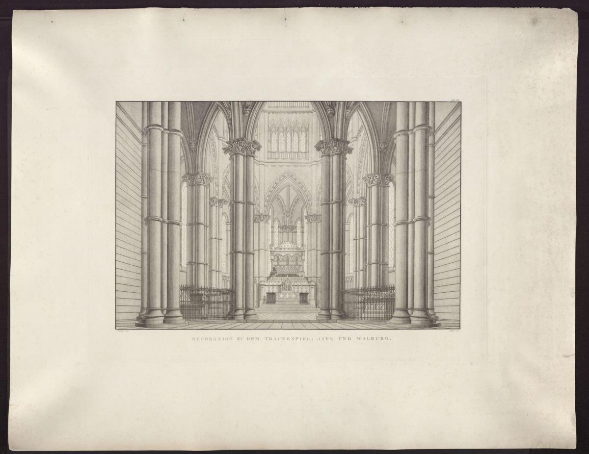 Axel und Walburg. Trauerspiel von Adam Oehlenschläger. Entwurf zu einer Dekoration. Inneres einer Gruftkirche
