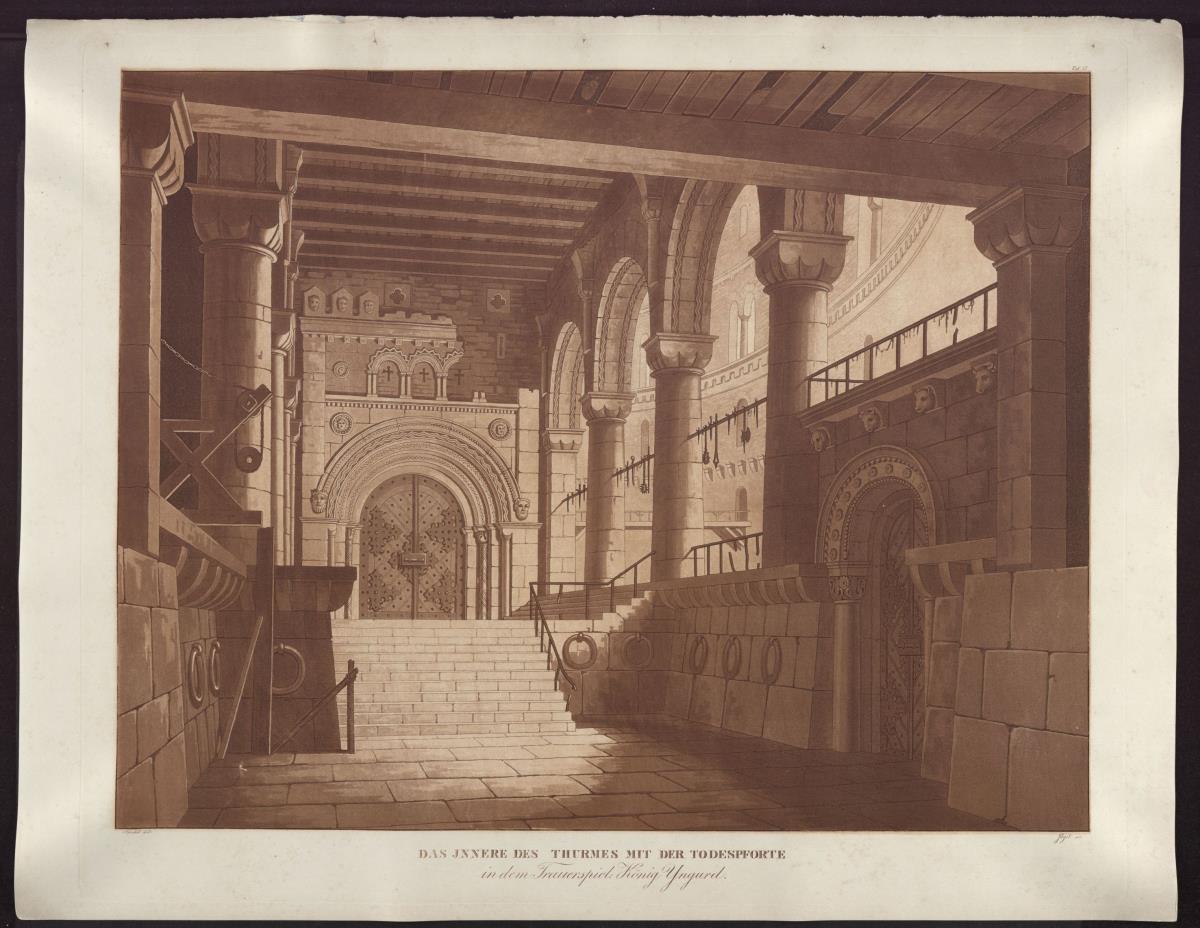 König Yngurd. Trauerspiel von Adolf Müllner. Entwurf zur  5. Dekoration. Saal im Turm mit der Todespforte