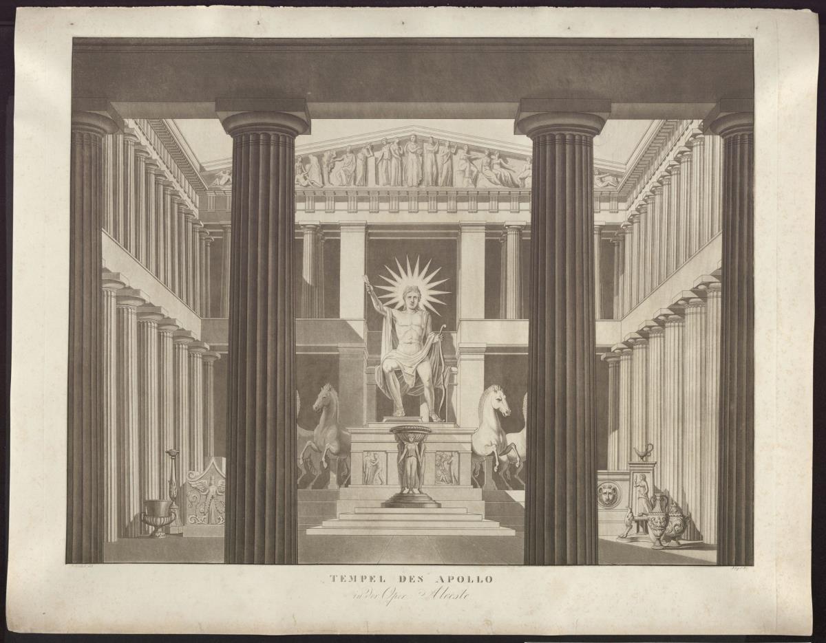 Alceste. Oper von Christoph Willibald Gluck. Entwurf zur 2. Dekoration. Inneres des Apollon-Tempels