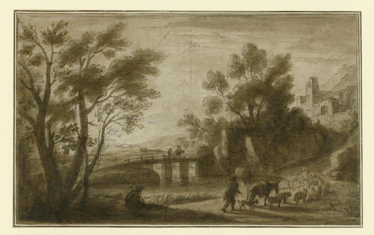Flußlandschaft mit Brücke, Hirt mit ziehender Herde und weiteren Figuren
