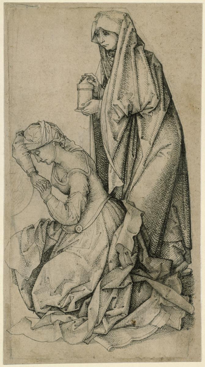 Die trauernde hl. Maria Magdalena und hl. Frau mit Salbgefäß unter dem Kreuz Christi