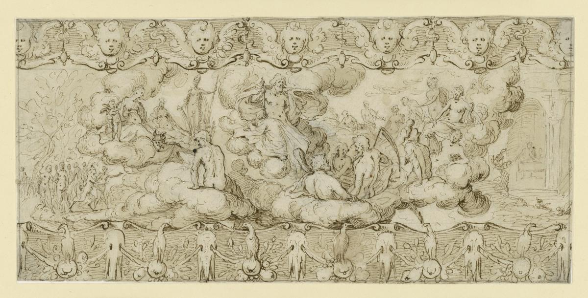 Der Rat der Götter auf Wolken thronend, oben und unten Ornamentleisten
