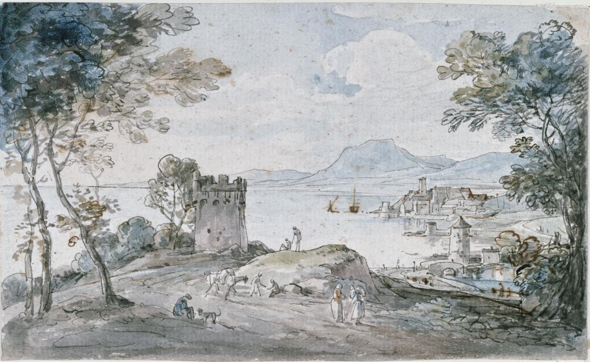Italienische Küstenlandschaft. Vorn ein Wachtturm, rechts im Hintergrund am Ufer Ortschaften