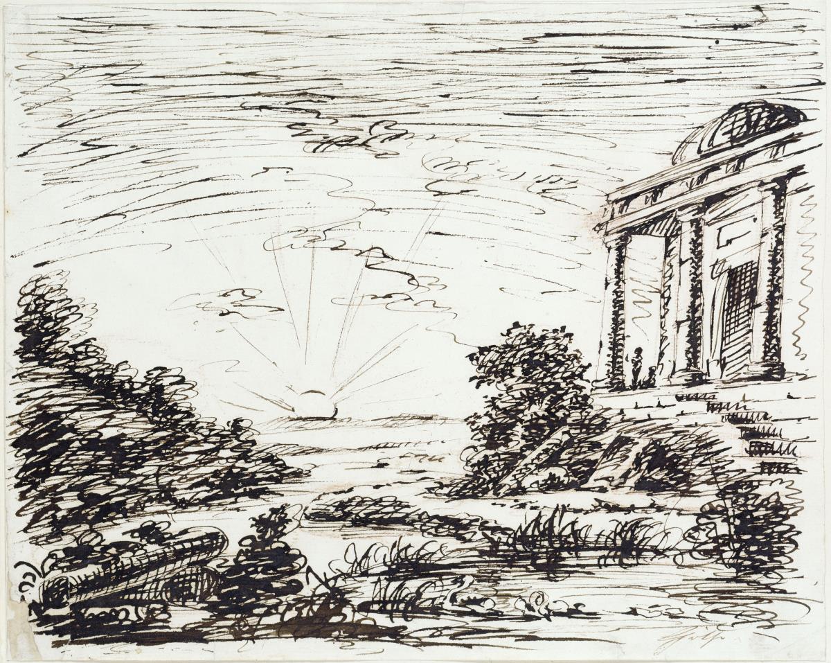 Flußlandschaft mit untergehender Sonne, rechts ein antikerTempel auf hohem Sockel mit Stufen. Im Fluß zwei Schwäne