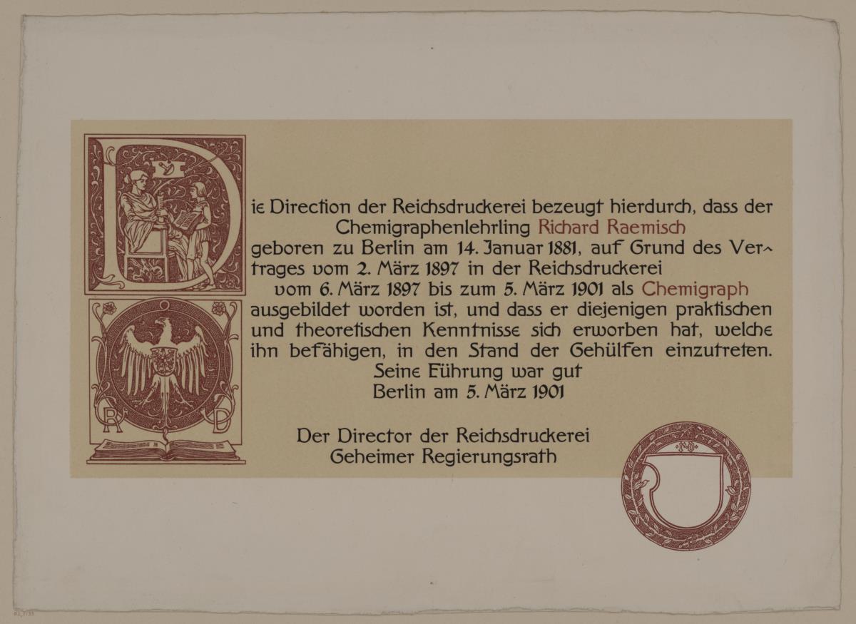 Ausbildungszeugnis für den Chemigraphen Richard Raemisch