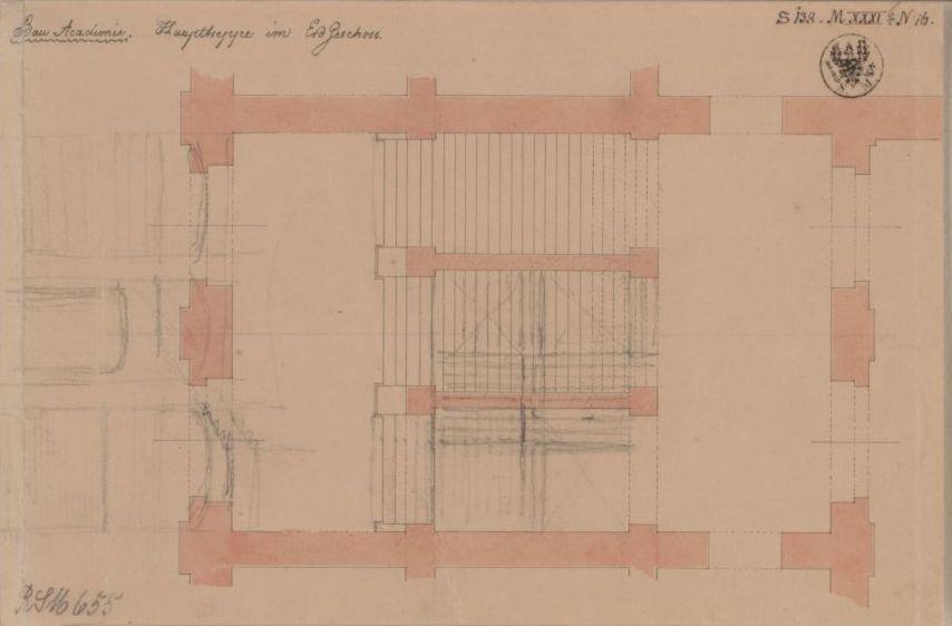 Berlin. Bauakademie. Grundriss und Quer- und Längsschnitt des Treppenhauses