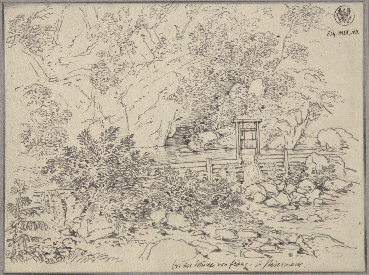 "Bei der Mühle von Franz in Steiermark" / Landschaftliche Partie mit einem Wehr bei der Mühle des Pfarrhofes Franz westlich von Cilli (Celje)