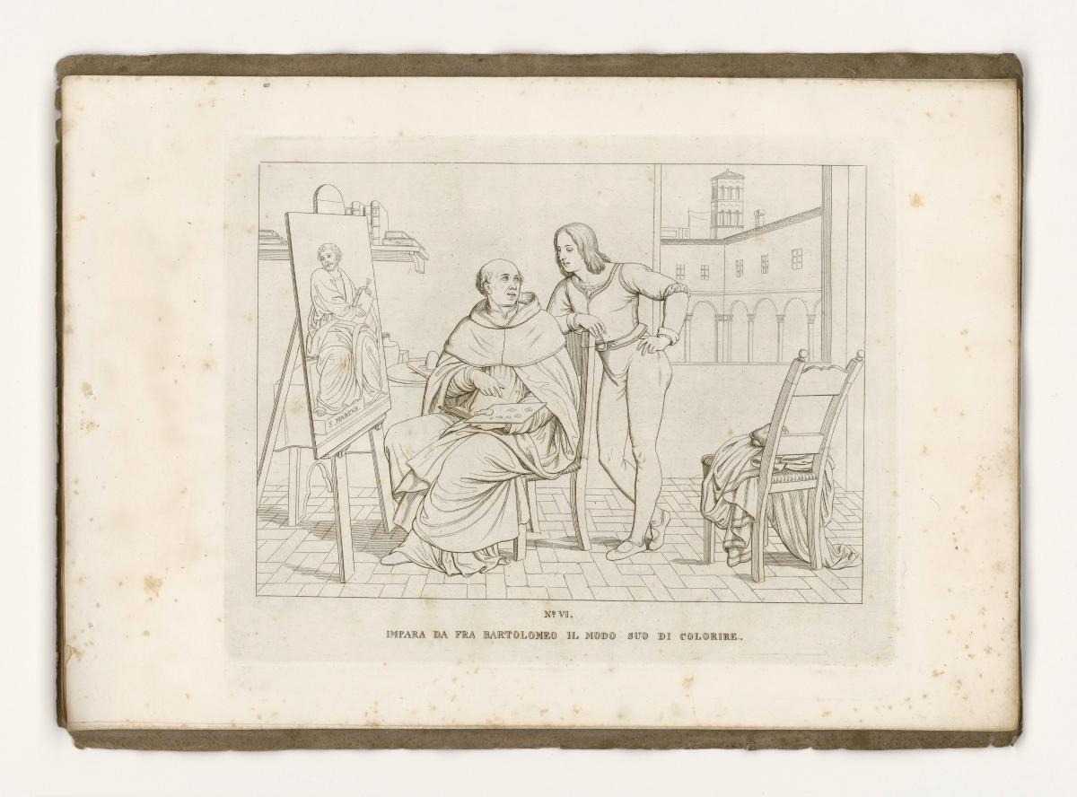 Von Fra Bartolomeo lernt Raffael die Kunst des Kolorierens (aus: 12 Umrisse zum Leben Raphaels von Urbino. Tafel VI)