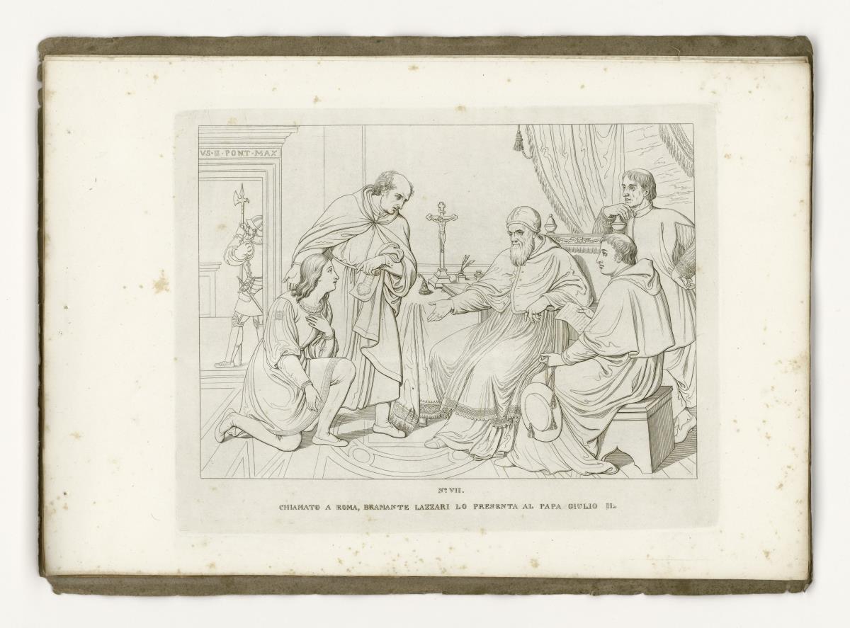 In Rom wird Raffael von Bramante Lazzari Papst Julius II. vorgestellt (aus: 12 Umrisse zum Leben Raphaels von Urbino. Tafel VII)