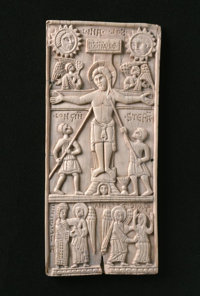 Zweiseitige Tafel mit Kreuzigung Christi und Szenen der Genesis