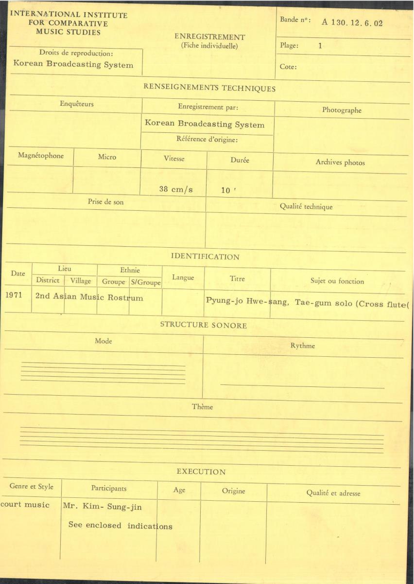 2nd Asian Music Rostrum 1971 - Korean Entry / Pyung -jo Hwe-sang (Tae-gum solo)