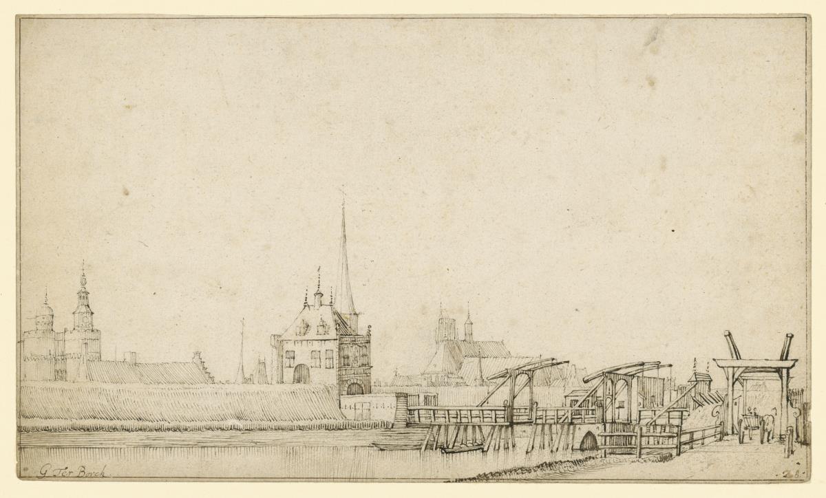 Zugbrückenanlage an einem Kanal, dahinter die von Festungswällen umgebene Stadt Zwolle