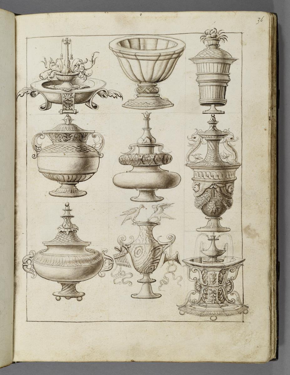 Codex Mantegna, neun Darstellungen von Gefäßen und Brunnen