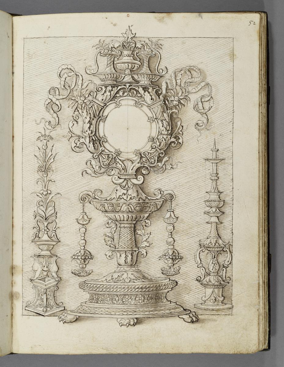 Codex Mantegna, Entwurf einer Monstranz, zwei Kandelaber