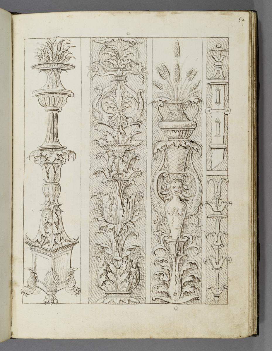 Codex Mantegna, ein Kandelaber und vier Groteskenornamente
