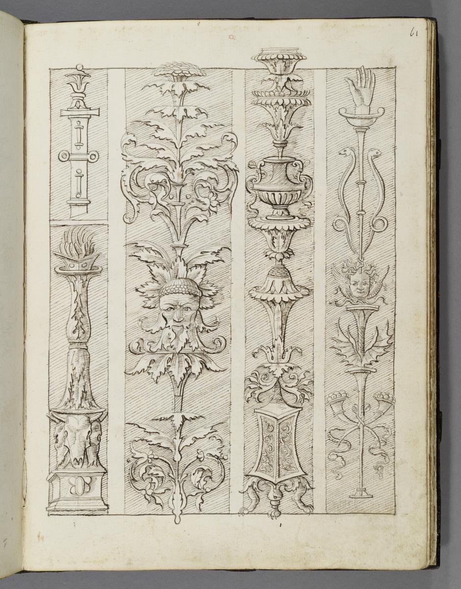 Codex Mantegna, fünf Darstellungen von Grotesken und Kandelabern