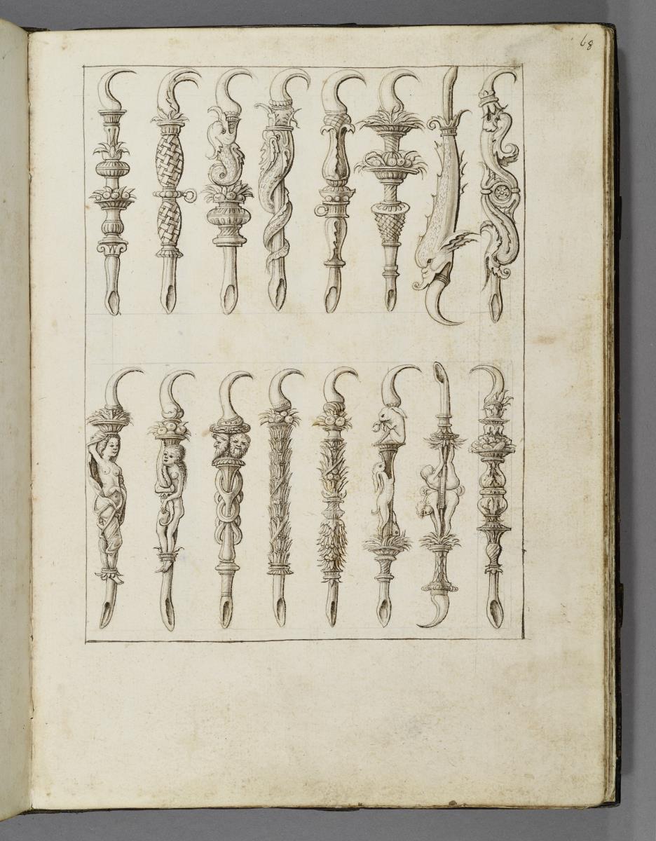 Codex Mantegna, sechzehn Werkzeuge mit Griff und Haken