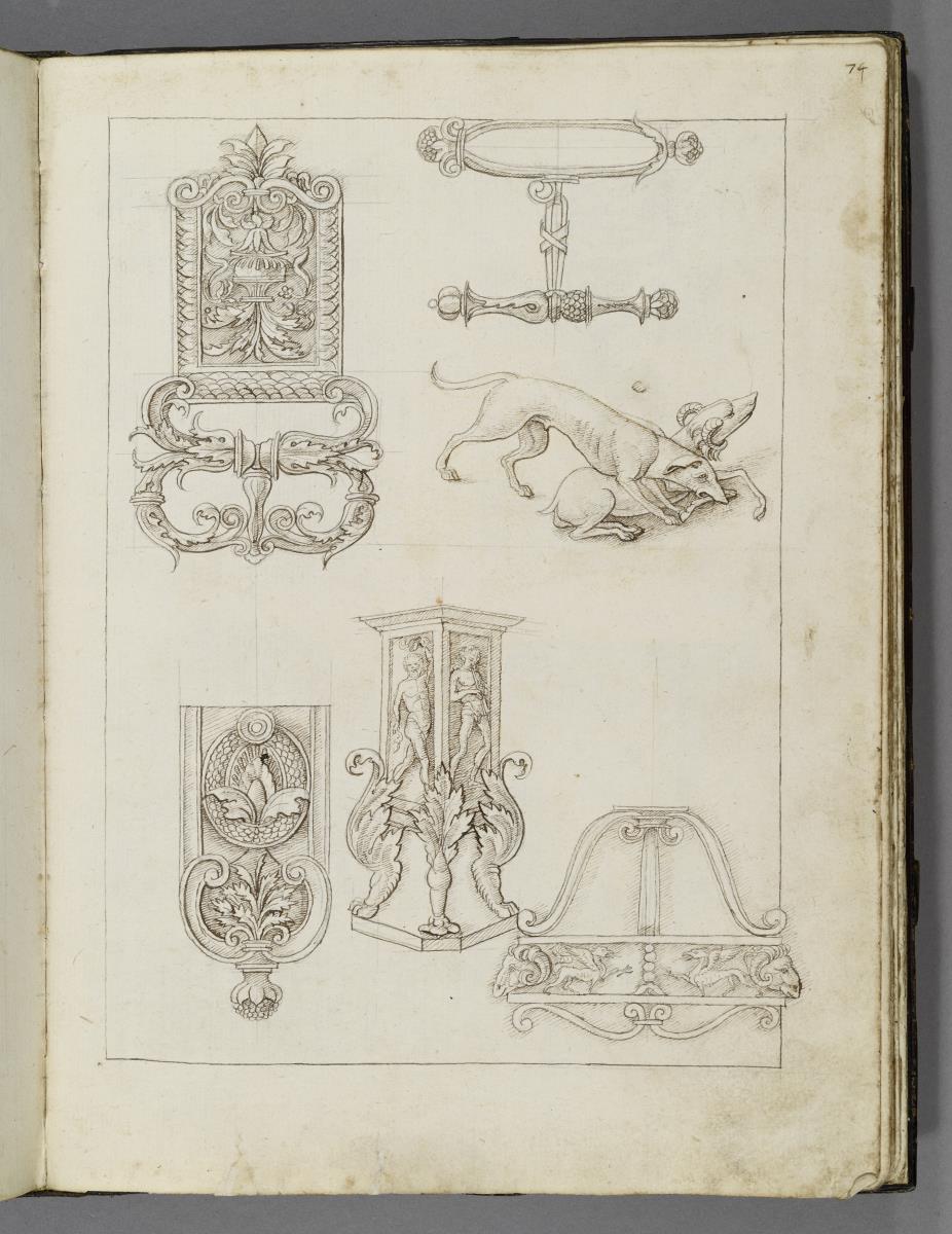 Codex Mantegna, verschiedenen ornamentale Details, eine Jagdszene