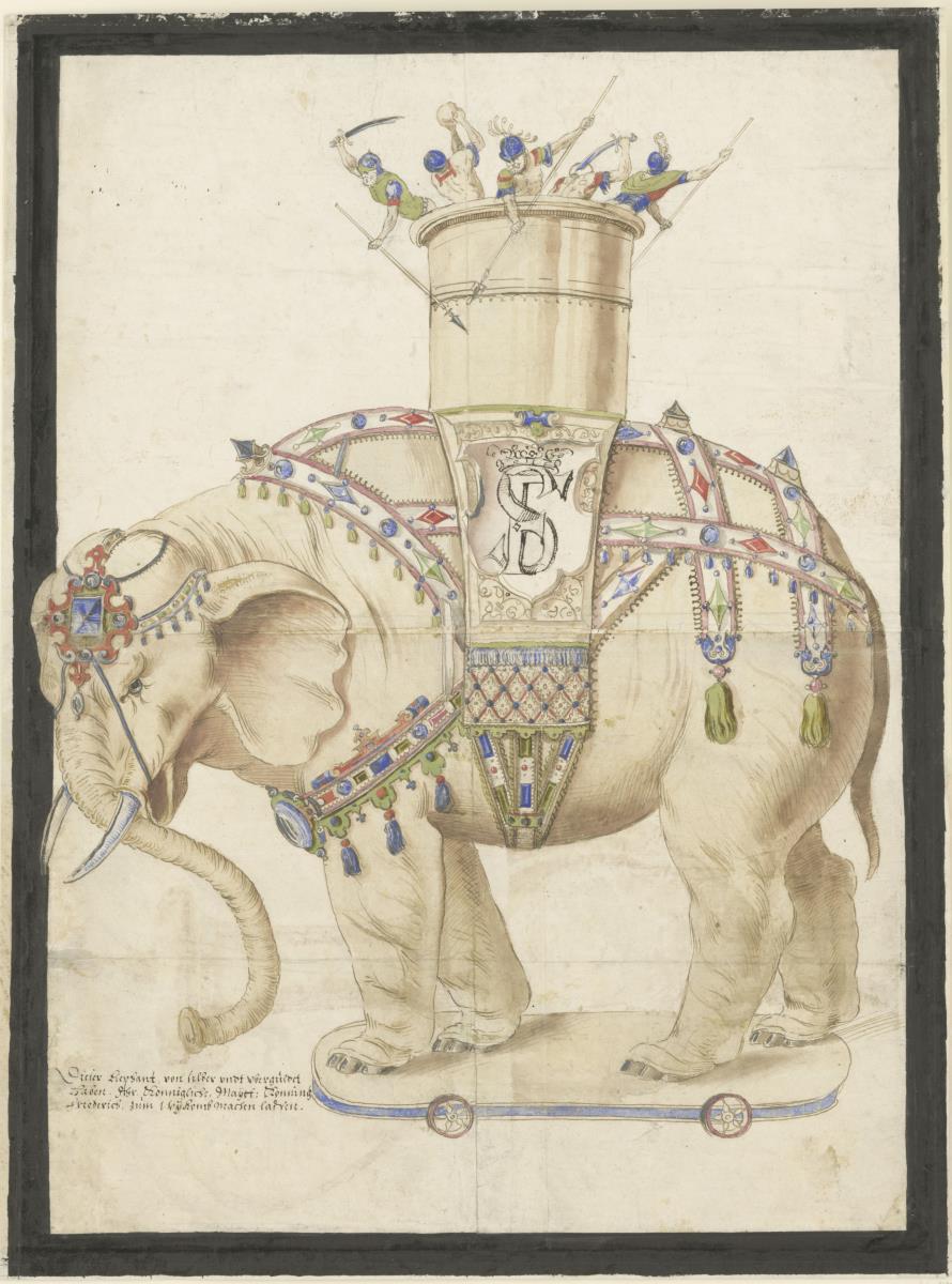 Elefant auf Turm mit Krieger-Figuren