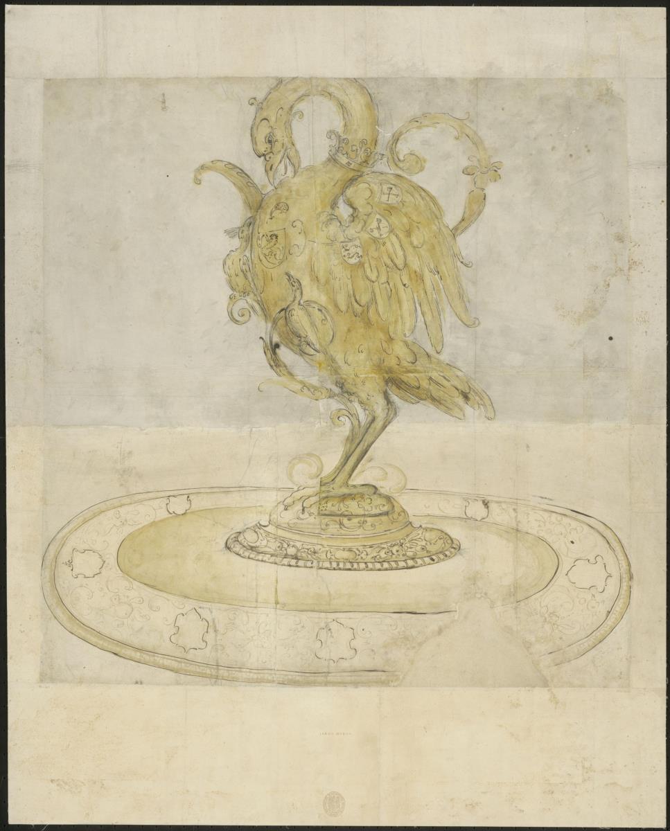 Pelikan als Tafelfigur mit Schalenuntersatz