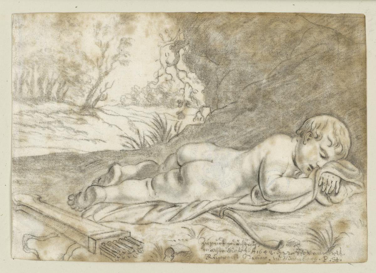 Stammbuchblatt: Cupido, liegend, schlafend. Links Ausblick auf waldige Landschaft