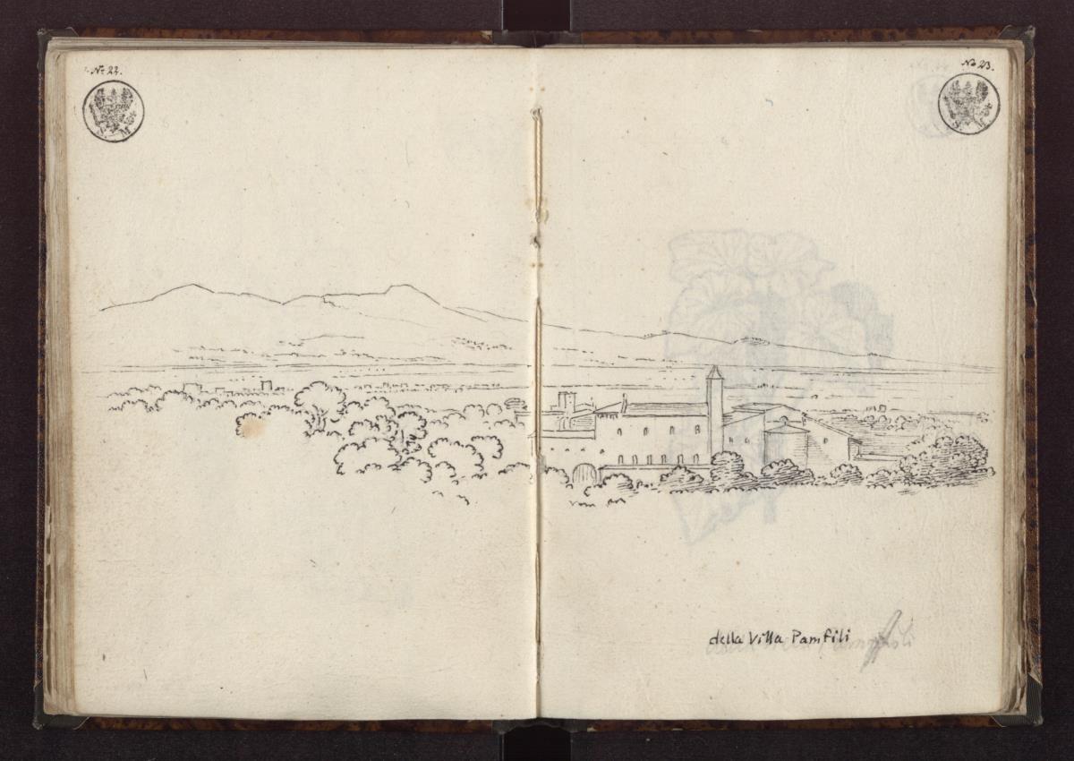 Blick von der Villa Pamphili auf das Kloster San Pancrazio und das Albanergebirge
