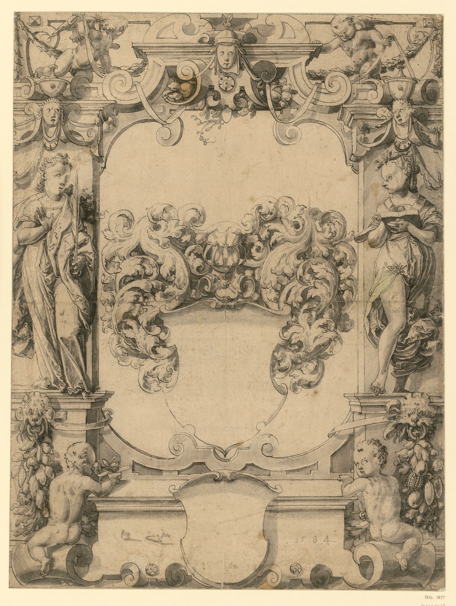 Wappen mit leerem Schild. An der Umrahmung stehen l. u. r. zwei Frauen mit Palme und Buch, in den Ecken vier Putten und Girlanden.