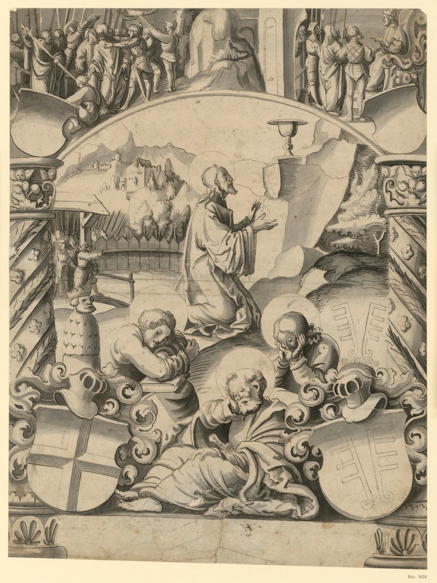 Glasmalerei, Christus am Ölberg mit Jüngern, Wappen von Andlau und Pfau von Rietburg