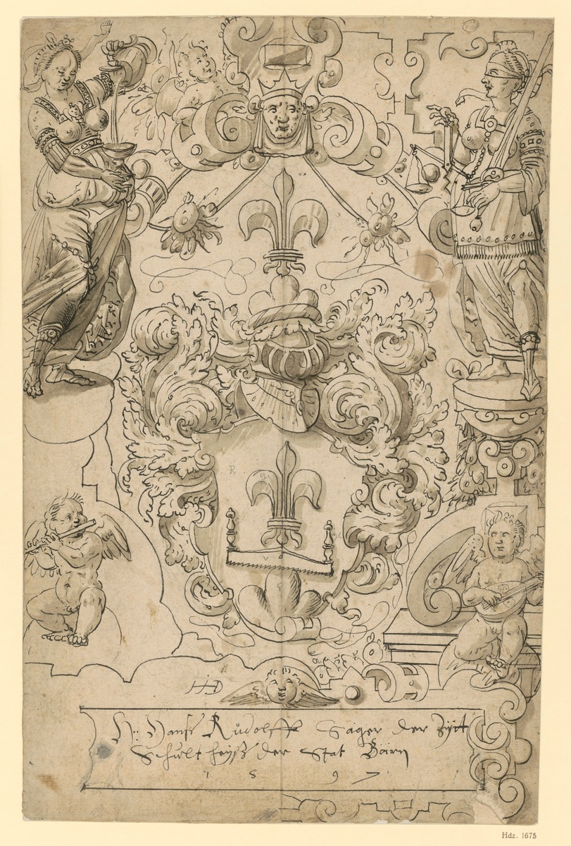 Glasmalerei, Wappen mit Lilie und Säge