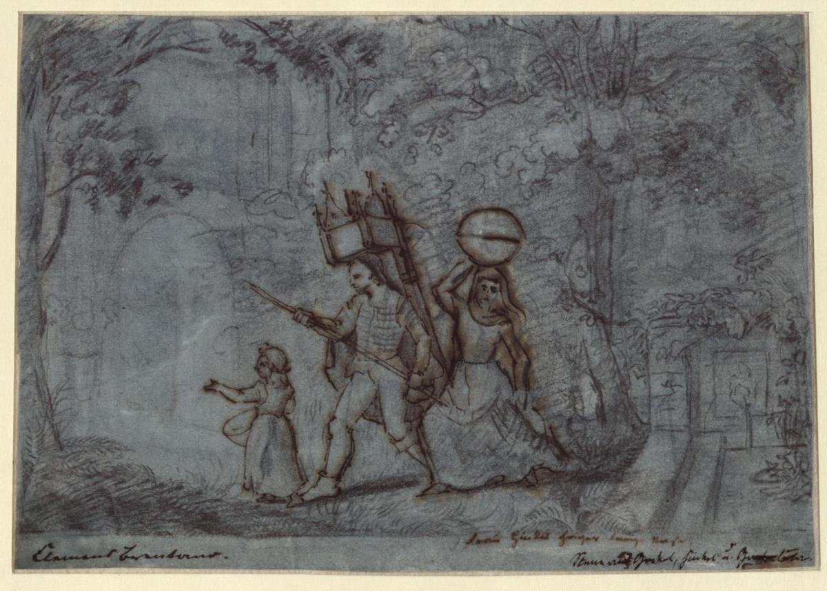 Illustrationsentwurf zu Clemens Brentanos Märchen "Gockel, Hinkel und Gackeleia"