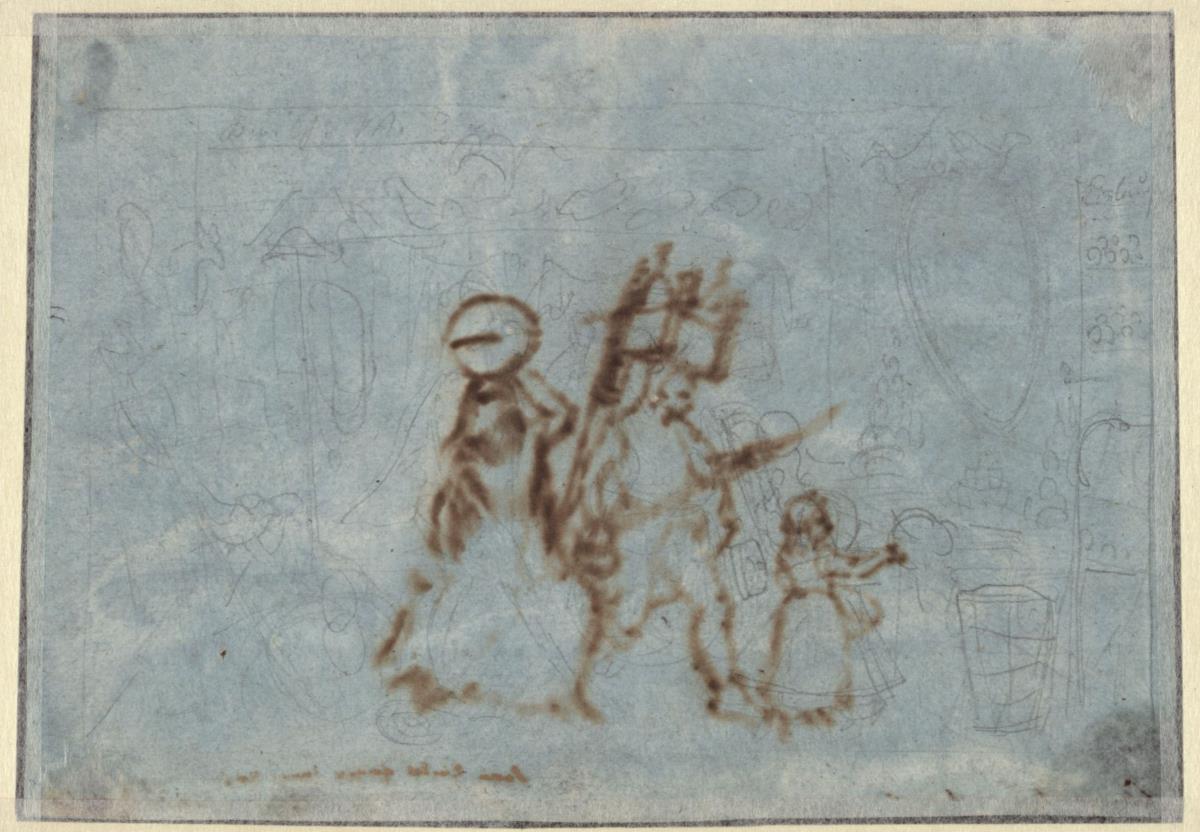 Skizze zu einem Interieur (?) & Illustrationsentwurf zu Clemens Brentanos Märchen "Gockel, Hinkel und Gackeleia" (vom recto durchscheinend)